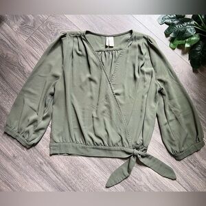 Japna Surplice Cropped Sleeve Side Tie Blouse Olive Green Size Medium